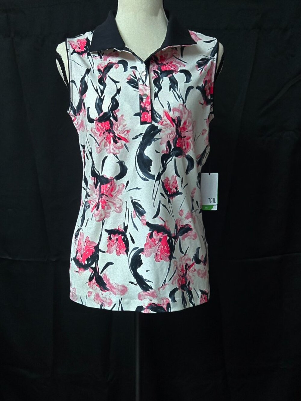 NWT Tail Activewear Sleeveless Golf Polo Top Pink Black Floral Brushstroke s